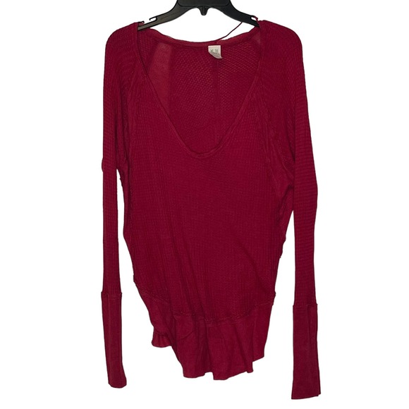 Free People Red Tunic Top Thermal Stretch Long Sleeve Drift V-Neck Small Women - Picture 1 of 8